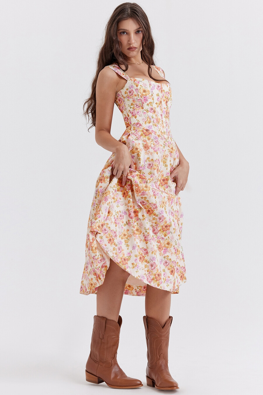 elfenbeinfarbenes geblümtes midi-sommerkleid