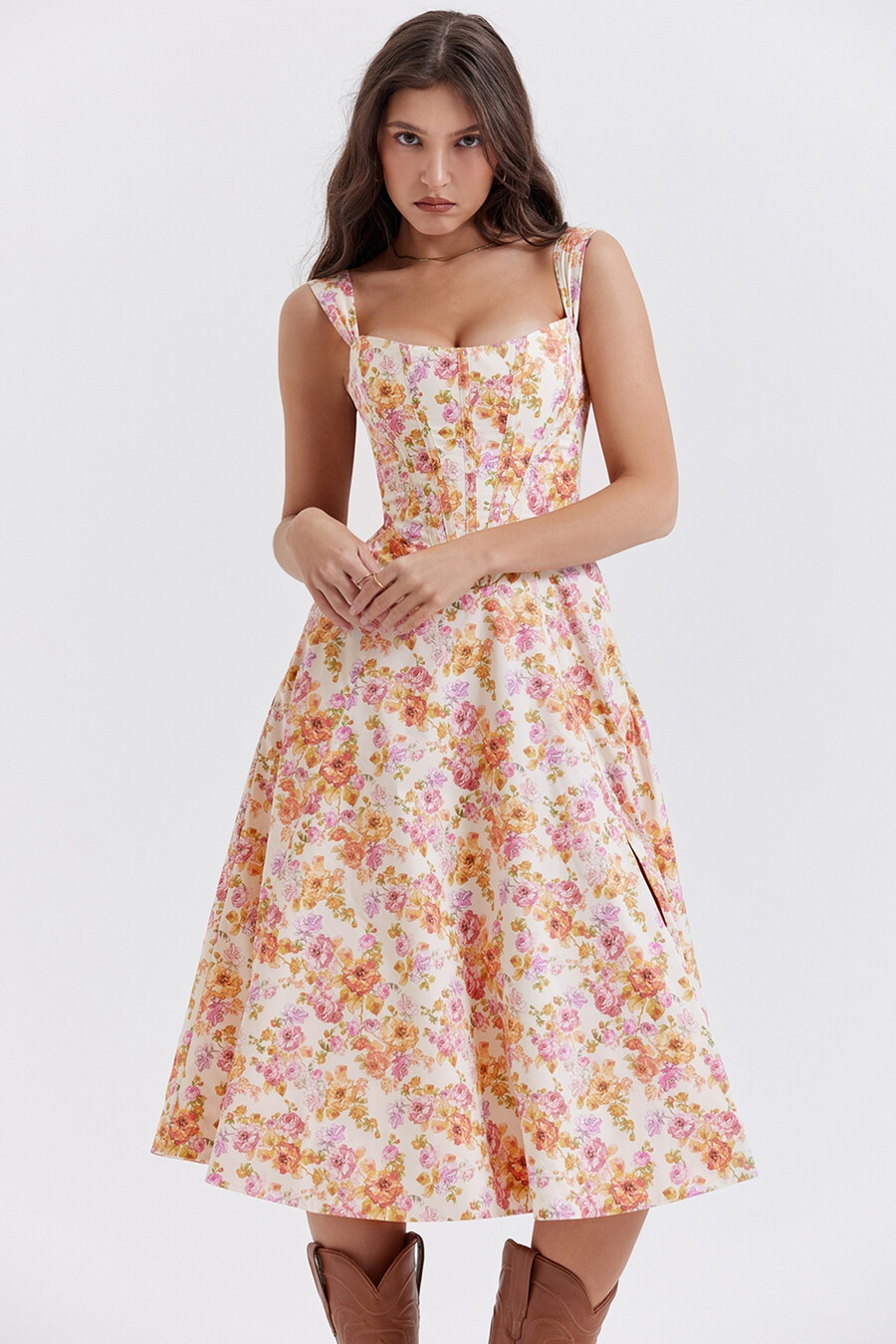 elfenbeinfarbenes geblümtes midi-sommerkleid