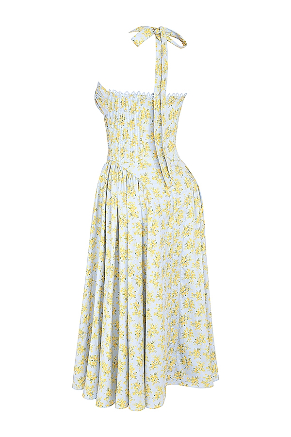 hellblaues ärmelloses baumwollkleid mit vintage-blumenmuster und neckholder