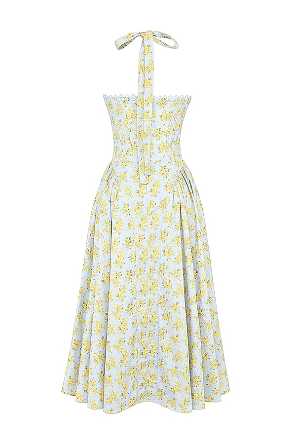 hellblaues ärmelloses baumwollkleid mit vintage-blumenmuster und neckholder