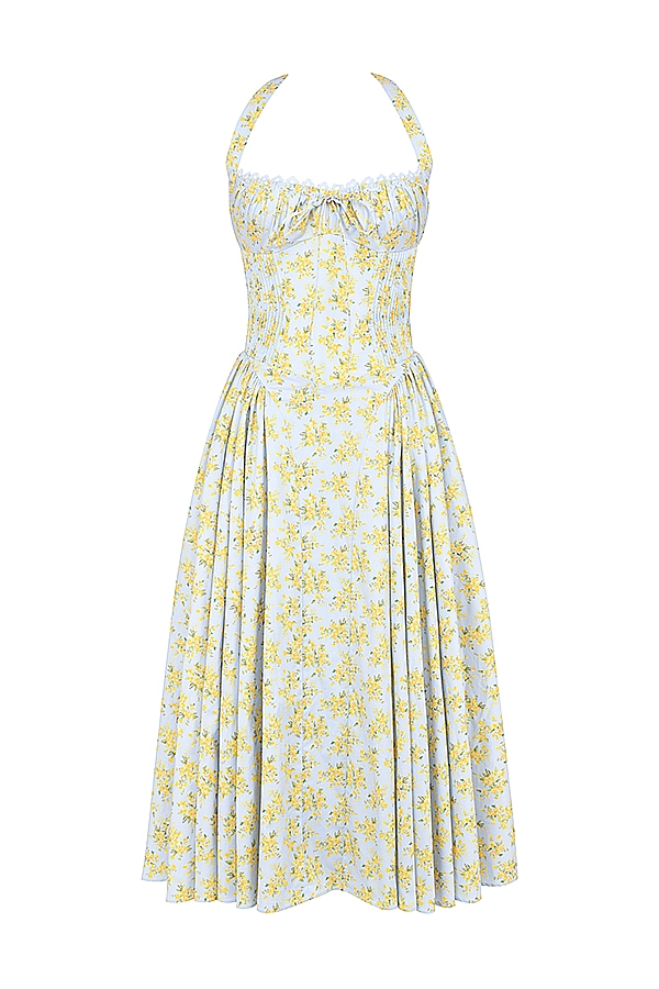 hellblaues ärmelloses baumwollkleid mit vintage-blumenmuster und neckholder