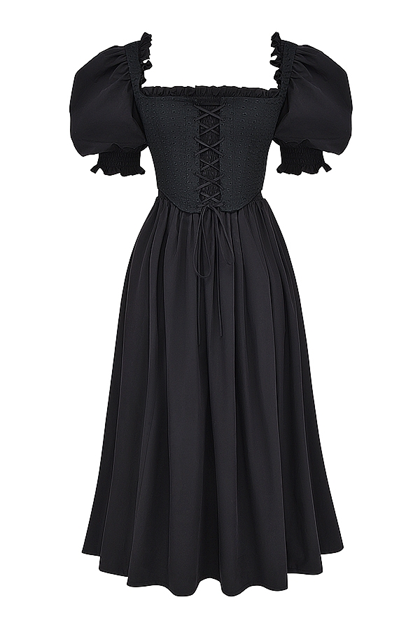 schwarzes midi-sommerkleid mit puffärmeln
