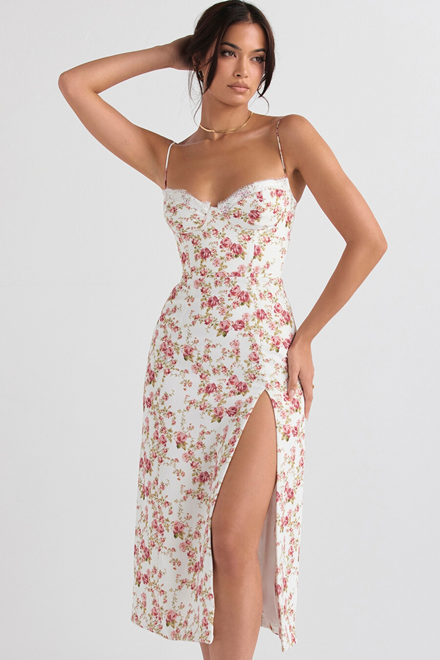 midi-sommerkleid mit rosenmuster und korsett