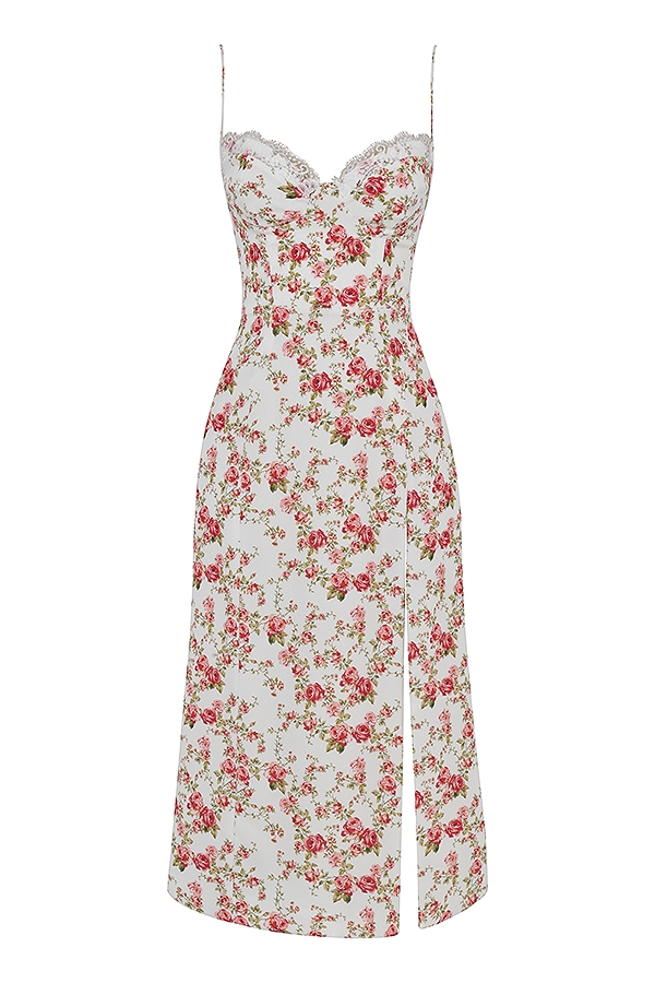 midi-sommerkleid mit rosenmuster und korsett