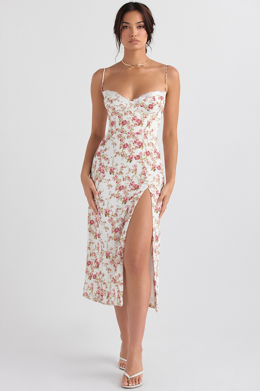 midi-sommerkleid mit rosenmuster und korsett