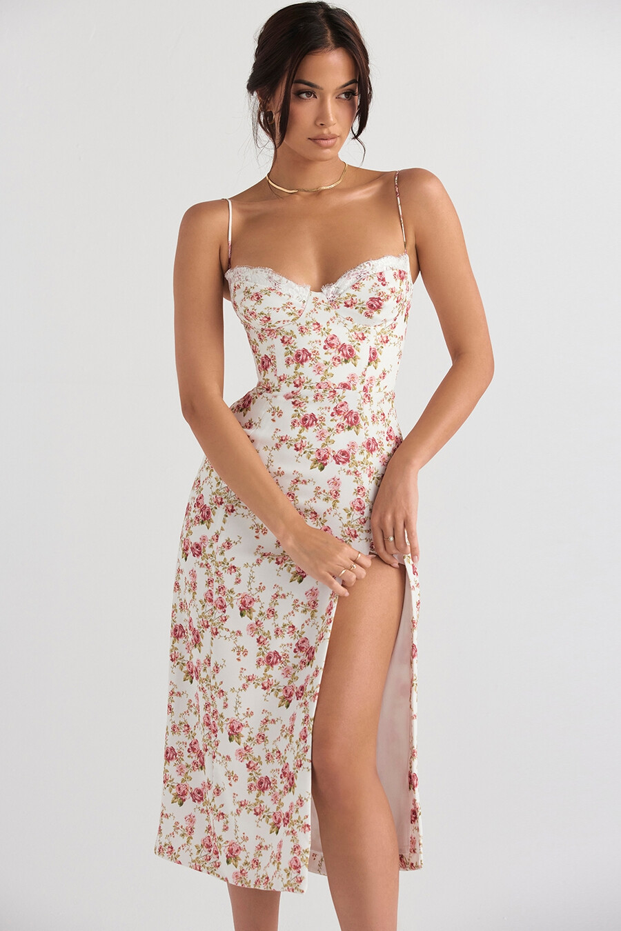 midi-sommerkleid mit rosenmuster und korsett
