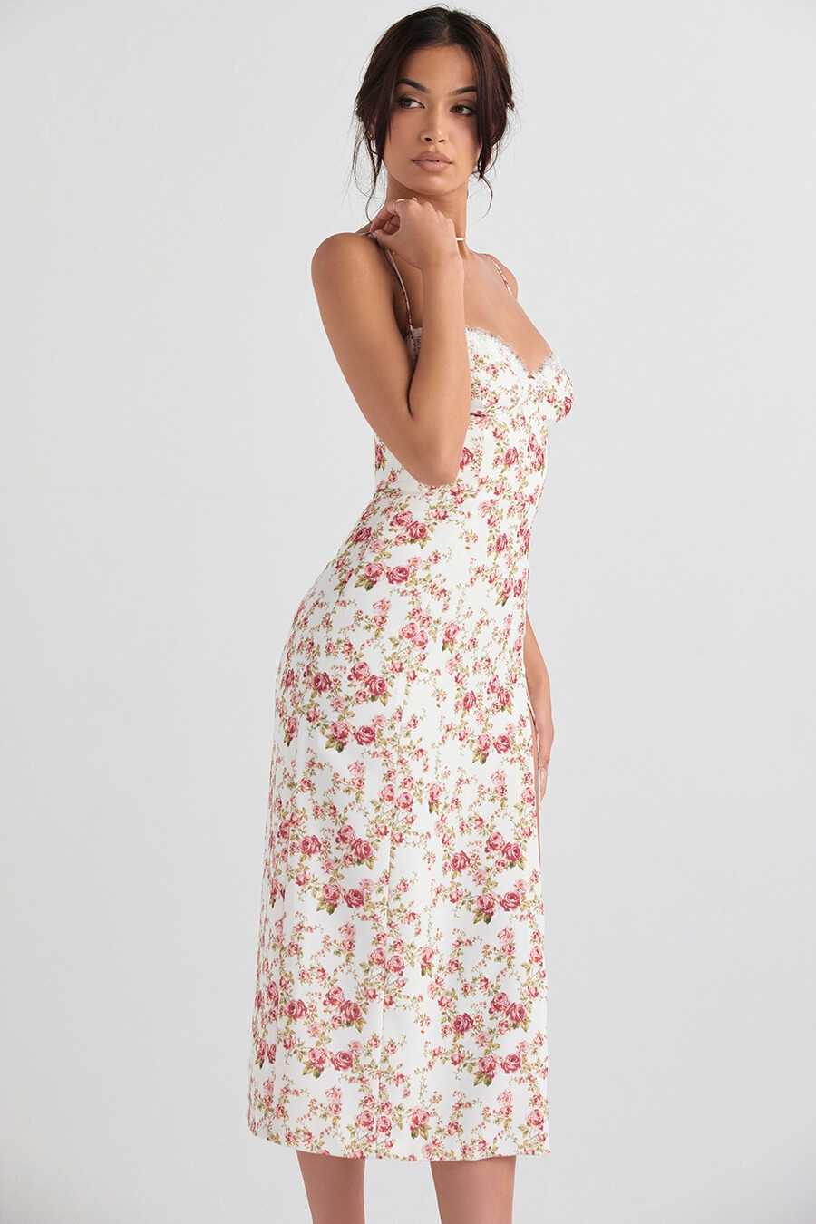 midi-sommerkleid mit rosenmuster und korsett