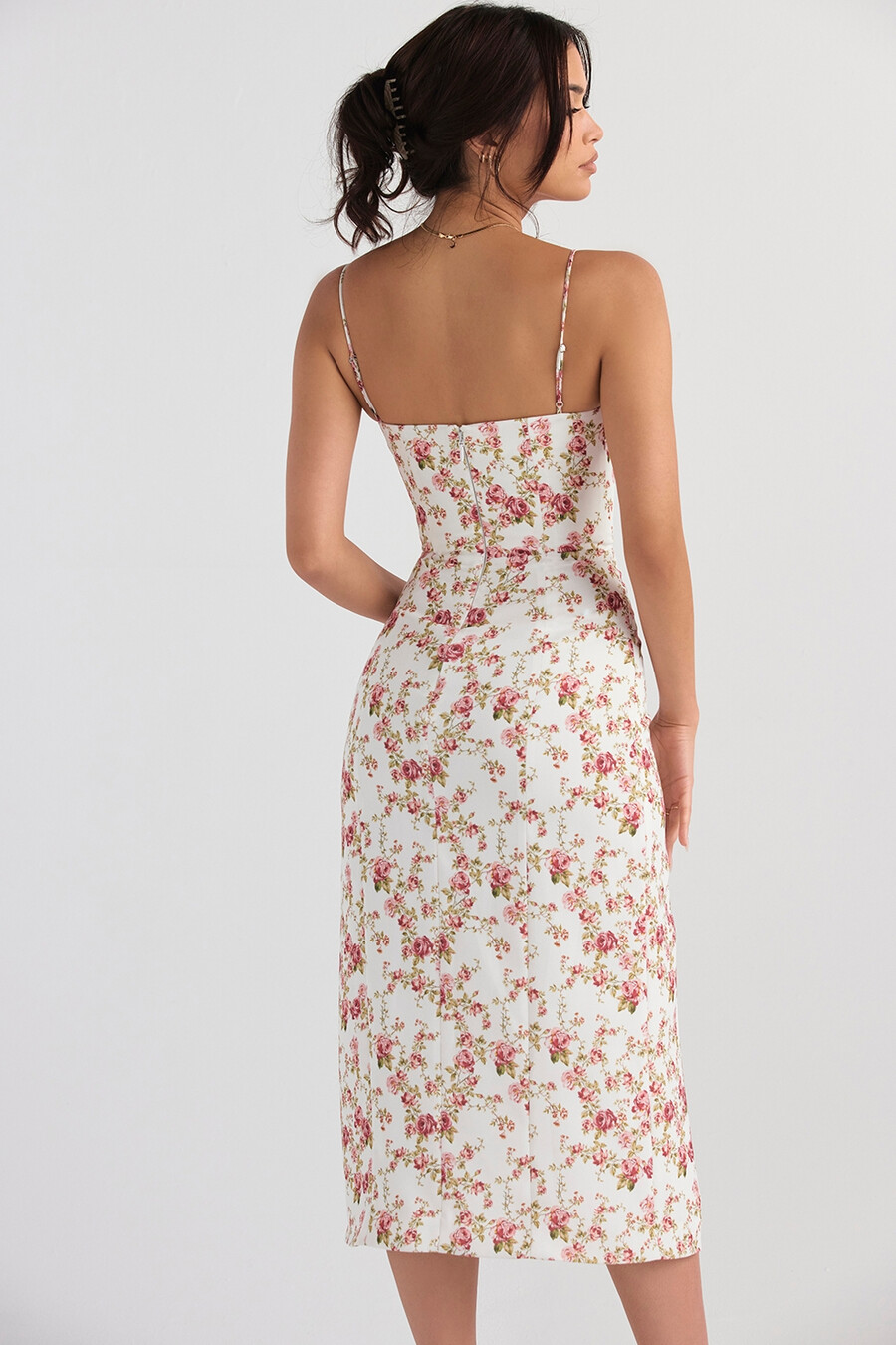 midi-sommerkleid mit rosenmuster und korsett