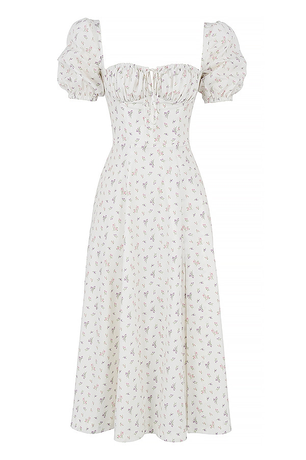 weißes midikleid mit blumenmuster und puffärmeln