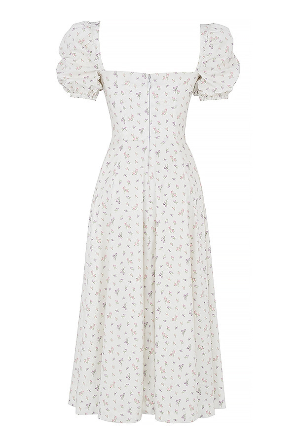 weißes midikleid mit blumenmuster und puffärmeln