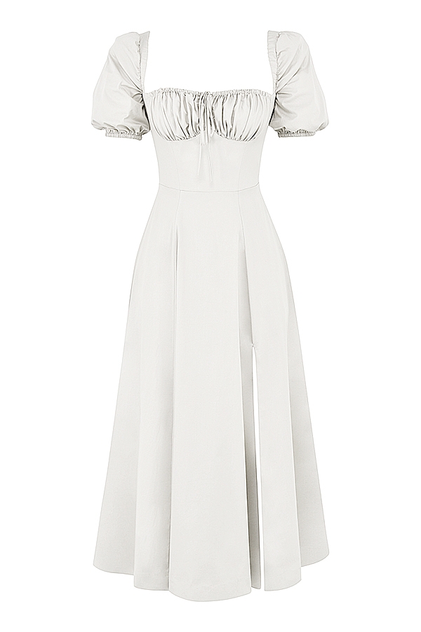 weißes midi-sommerkleid mit puffärmeln