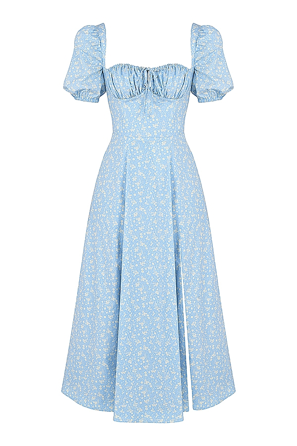 blau-elfenbeinfarbenes midikleid mit blumenmuster und puffärmeln