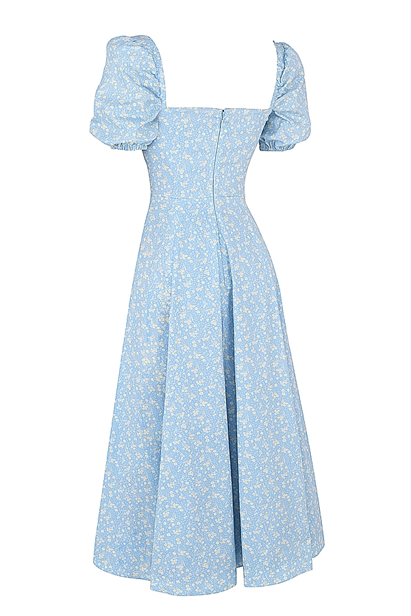 blau-elfenbeinfarbenes midikleid mit blumenmuster und puffärmeln