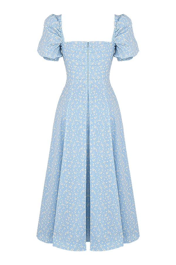 blau-elfenbeinfarbenes midikleid mit blumenmuster und puffärmeln