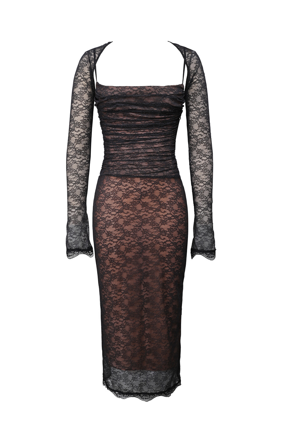 schwarzes midikleid aus spitze mit korsettmuster