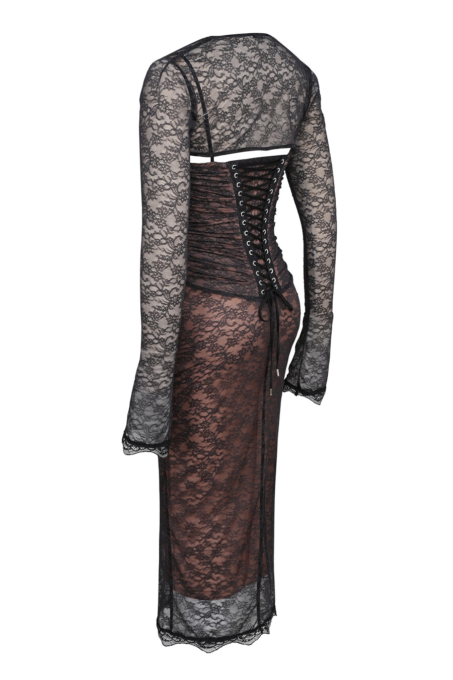 schwarzes midikleid aus spitze mit korsettmuster