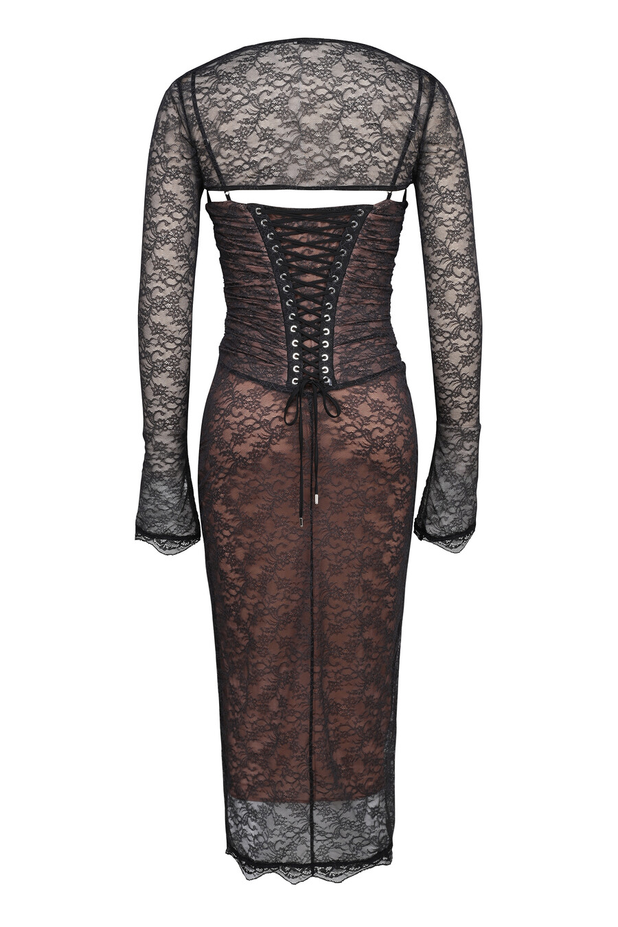 schwarzes midikleid aus spitze mit korsettmuster