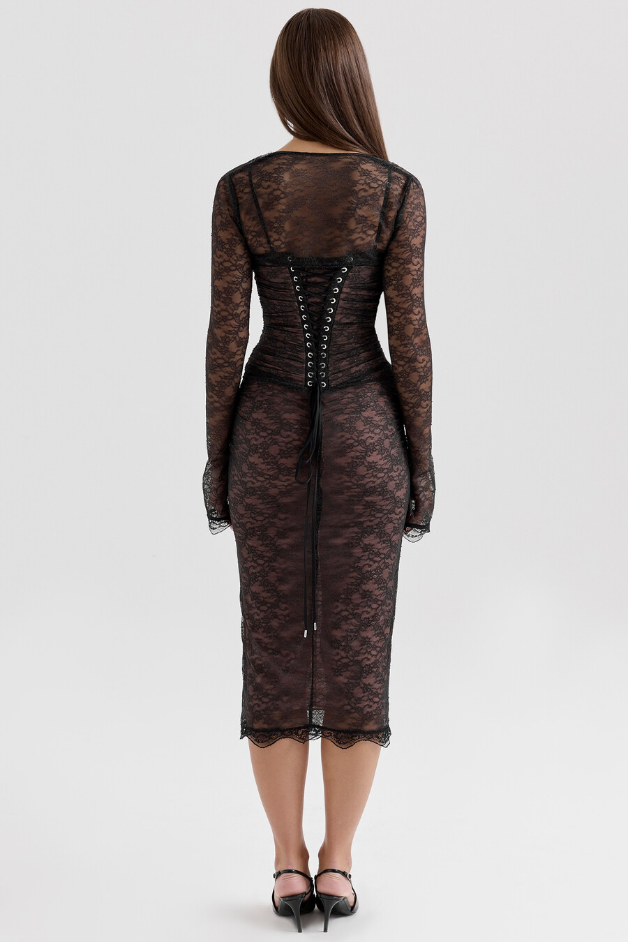 schwarzes midikleid aus spitze mit korsettmuster