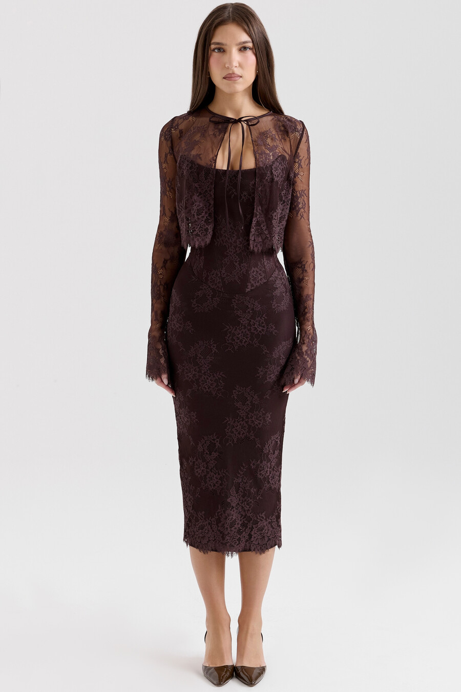 midikleid bolero aus spitze mit korsettmuster in bitterschokoladenbraun
