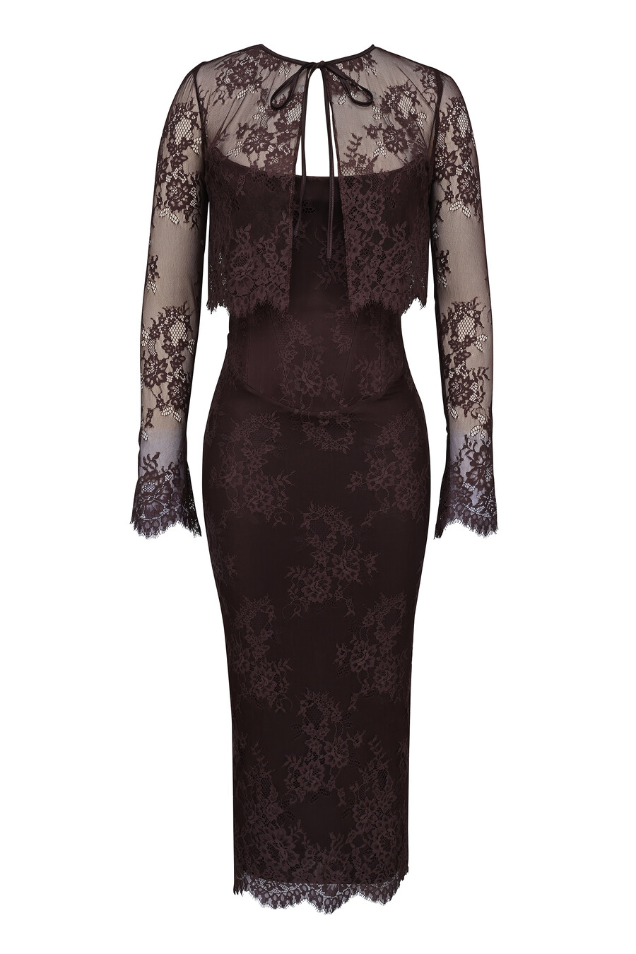 midikleid bolero aus spitze mit korsettmuster in bitterschokoladenbraun