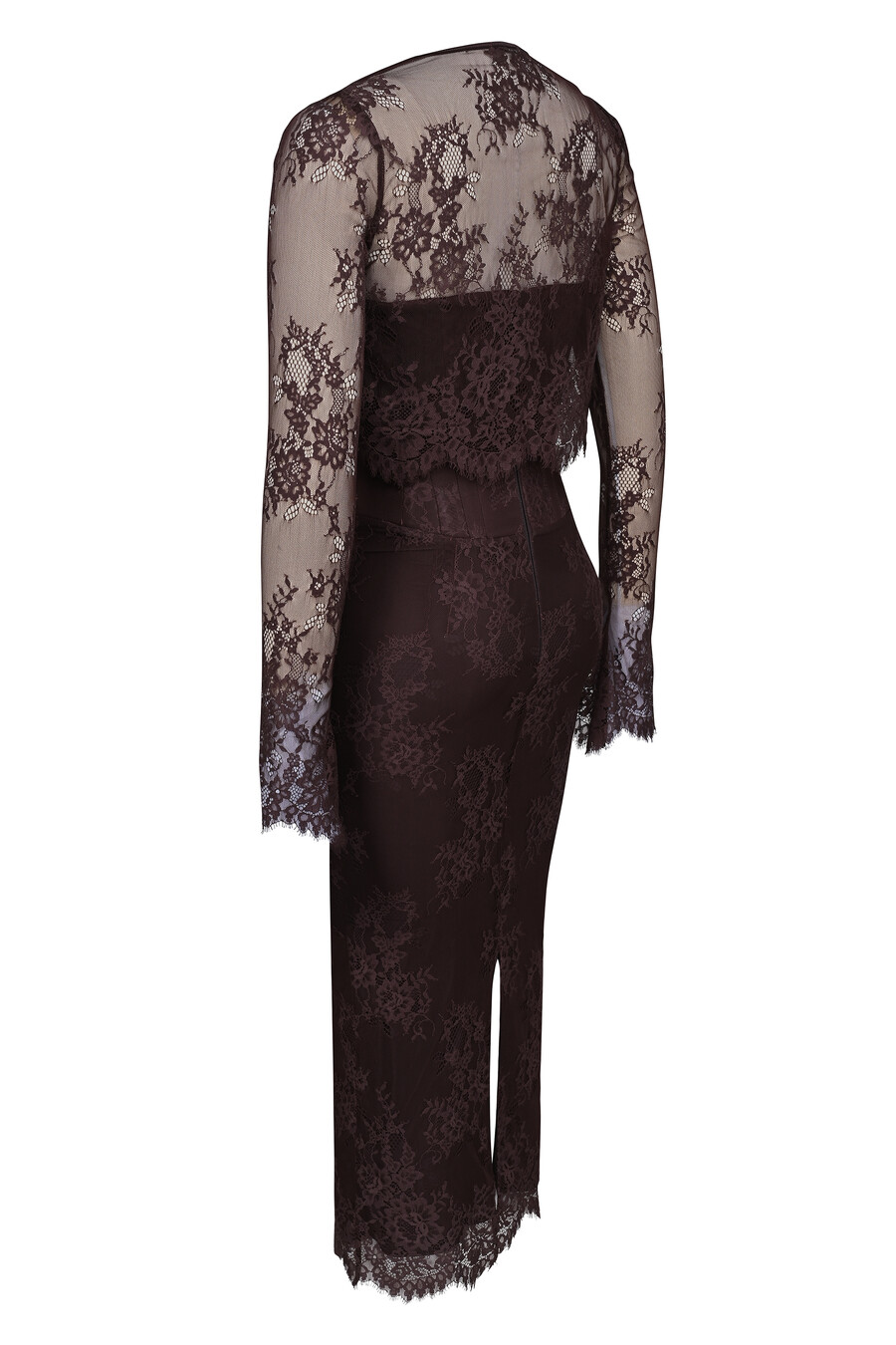 midikleid bolero aus spitze mit korsettmuster in bitterschokoladenbraun