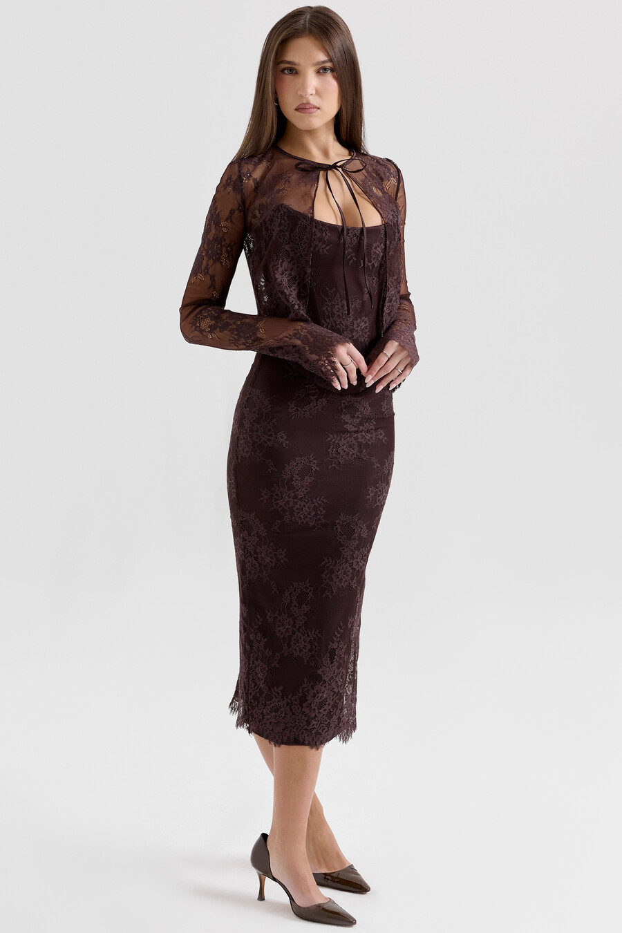 midikleid bolero aus spitze mit korsettmuster in bitterschokoladenbraun