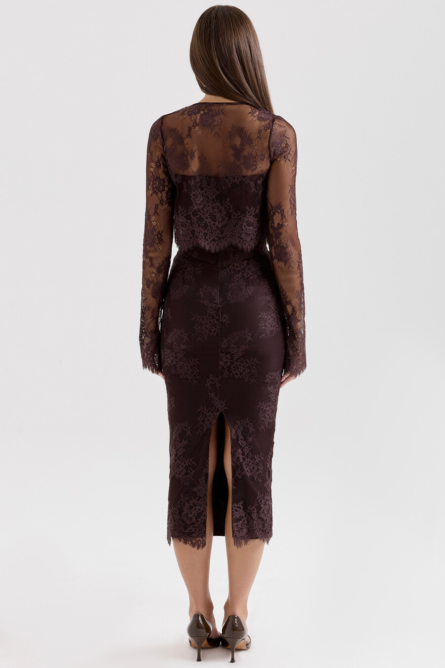 midikleid bolero aus spitze mit korsettmuster in bitterschokoladenbraun