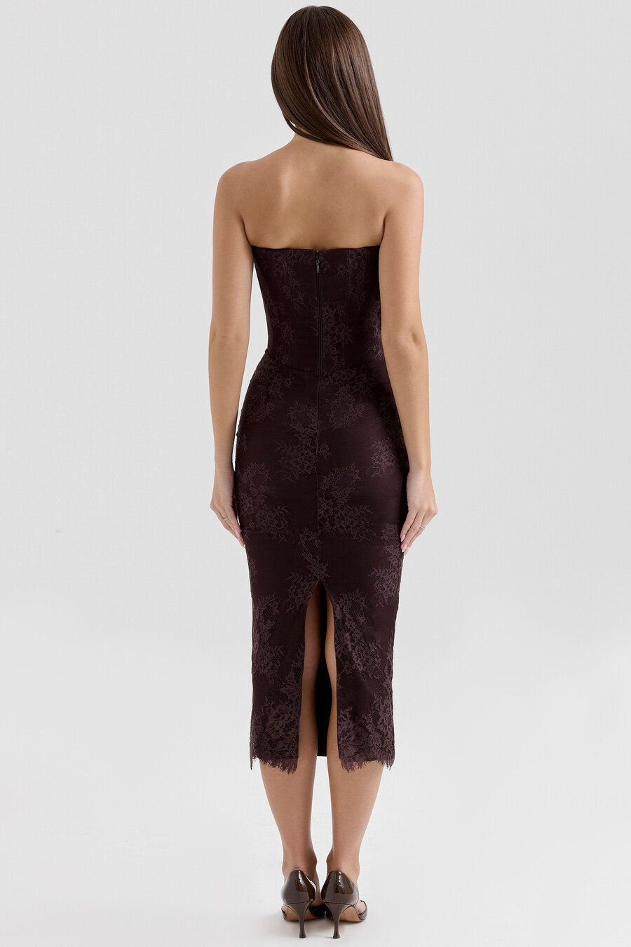 midikleid bolero aus spitze mit korsettmuster in bitterschokoladenbraun