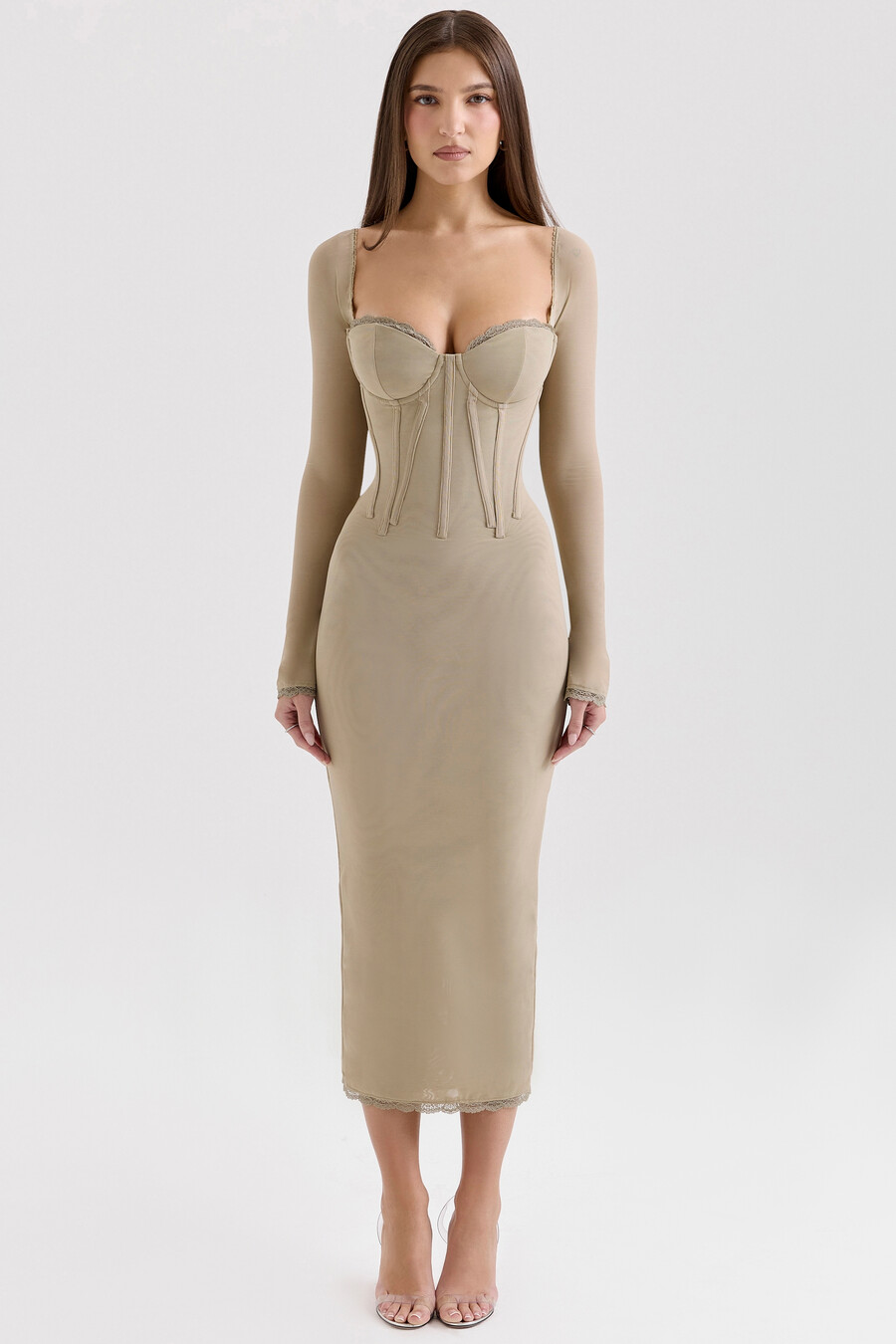 beigefarbenes figurbetontes midikleid mit langen Ärmeln und mesh-einsätzen