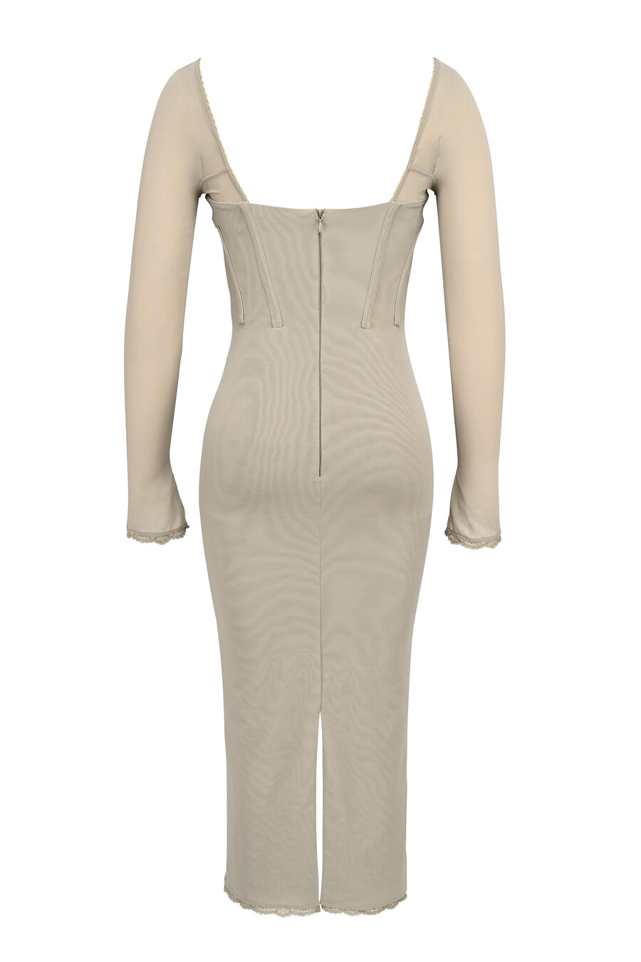 beigefarbenes figurbetontes midikleid mit langen Ärmeln und mesh-einsätzen