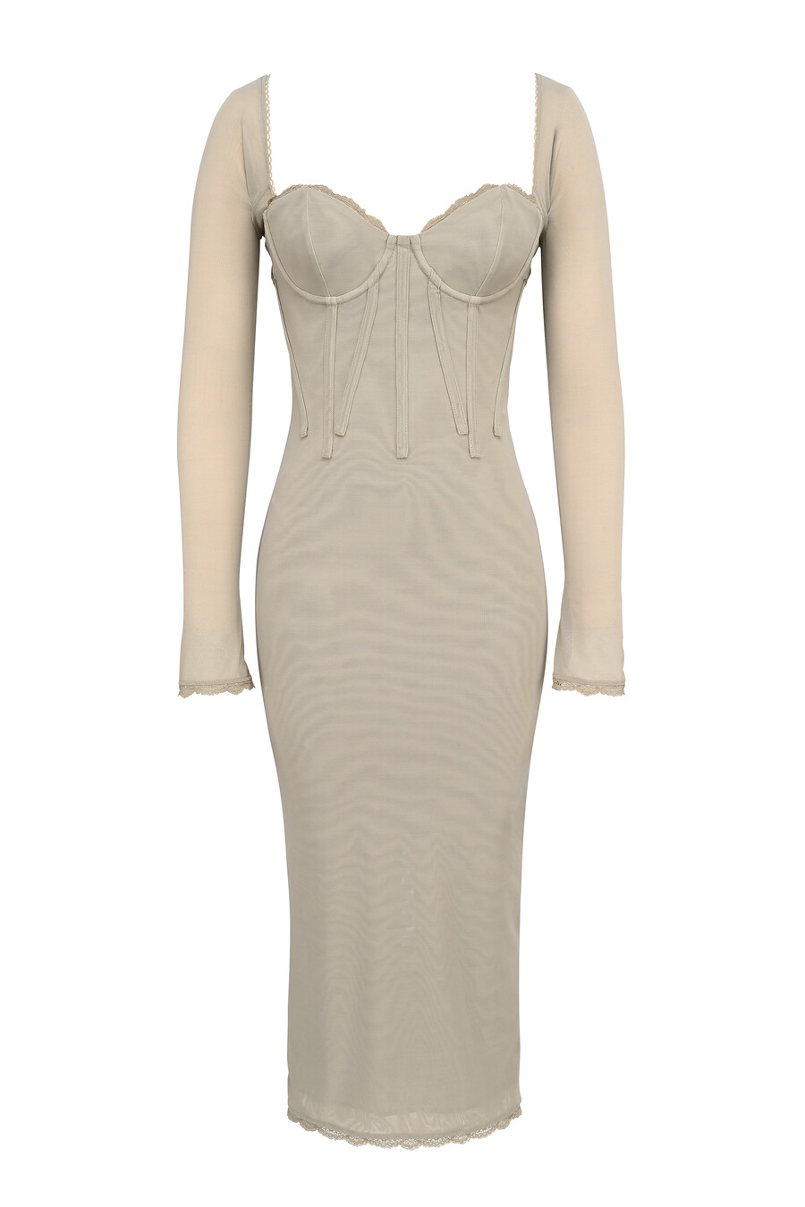 beigefarbenes figurbetontes midikleid mit langen Ärmeln und mesh-einsätzen
