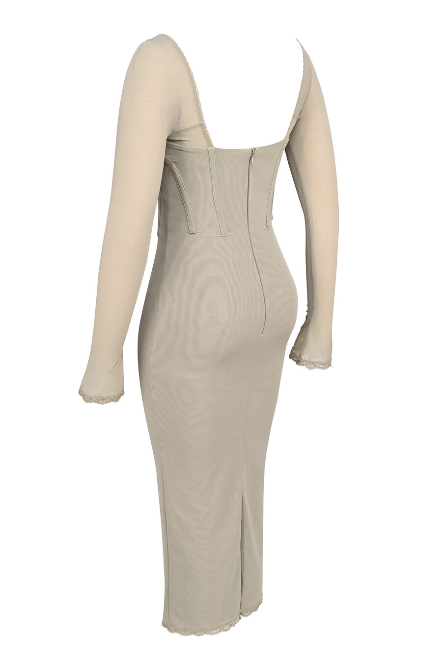 beigefarbenes figurbetontes midikleid mit langen Ärmeln und mesh-einsätzen