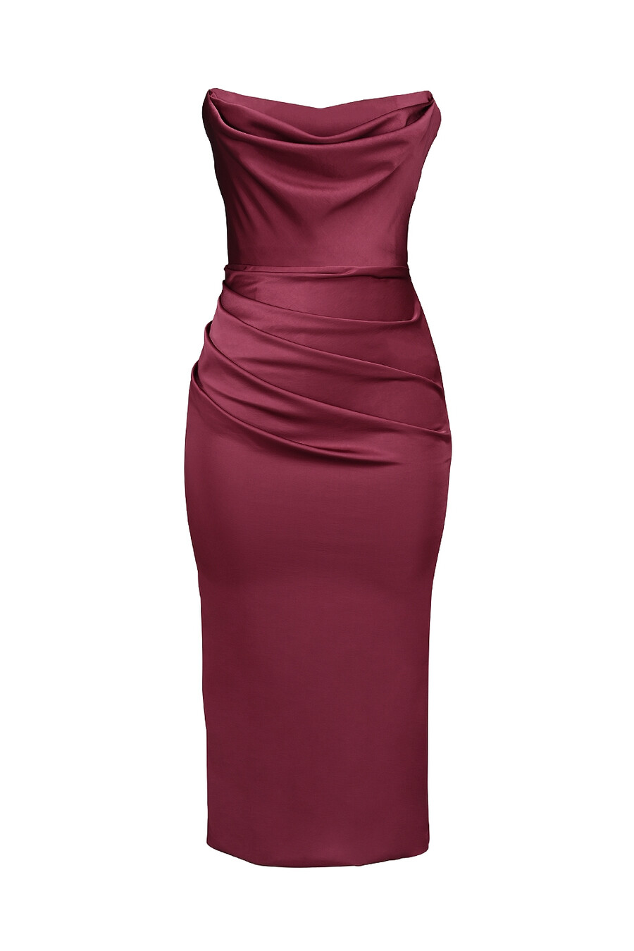 beerenfarbenes trägerloses midikleid aus satin