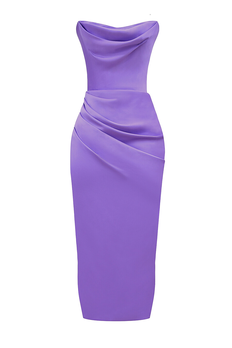violettes trägerloses midikleid aus satin mit korsett-oberteil