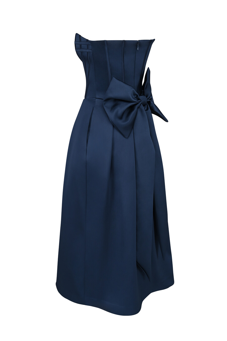 mitternachtsblaues trägerloses midikleid mit abnehmbarer schleife