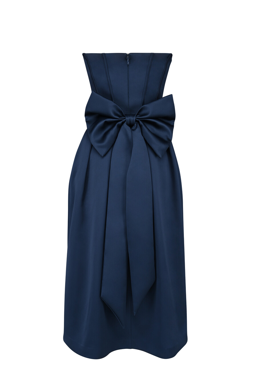 mitternachtsblaues trägerloses midikleid mit abnehmbarer schleife