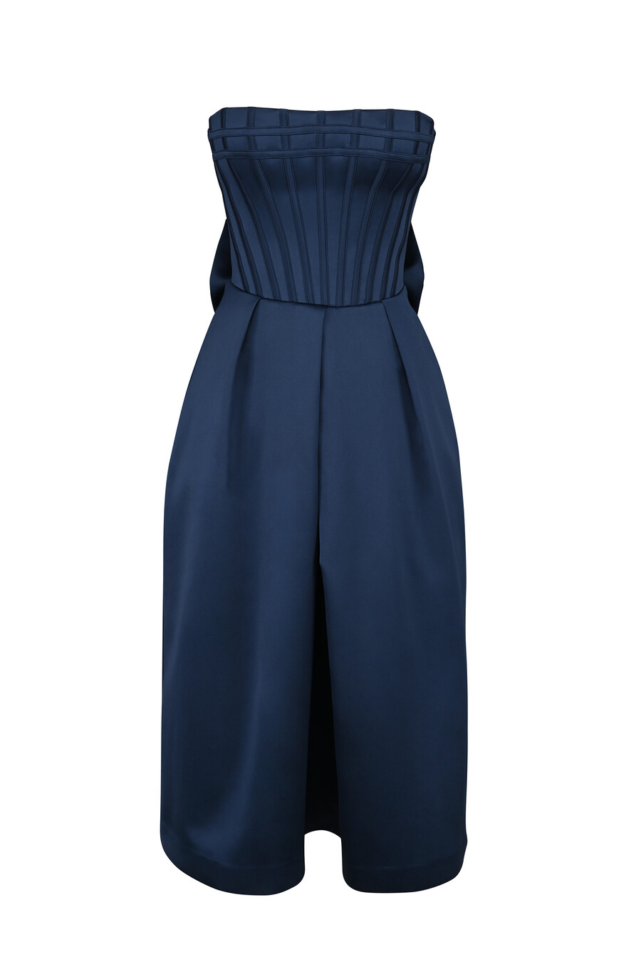mitternachtsblaues trägerloses midikleid mit abnehmbarer schleife