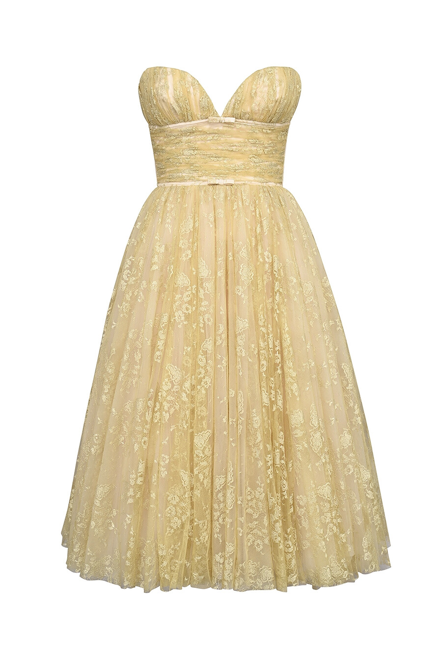 goldfarbenes metallisch schimmerndes midi-kleid aus spitze und tüll