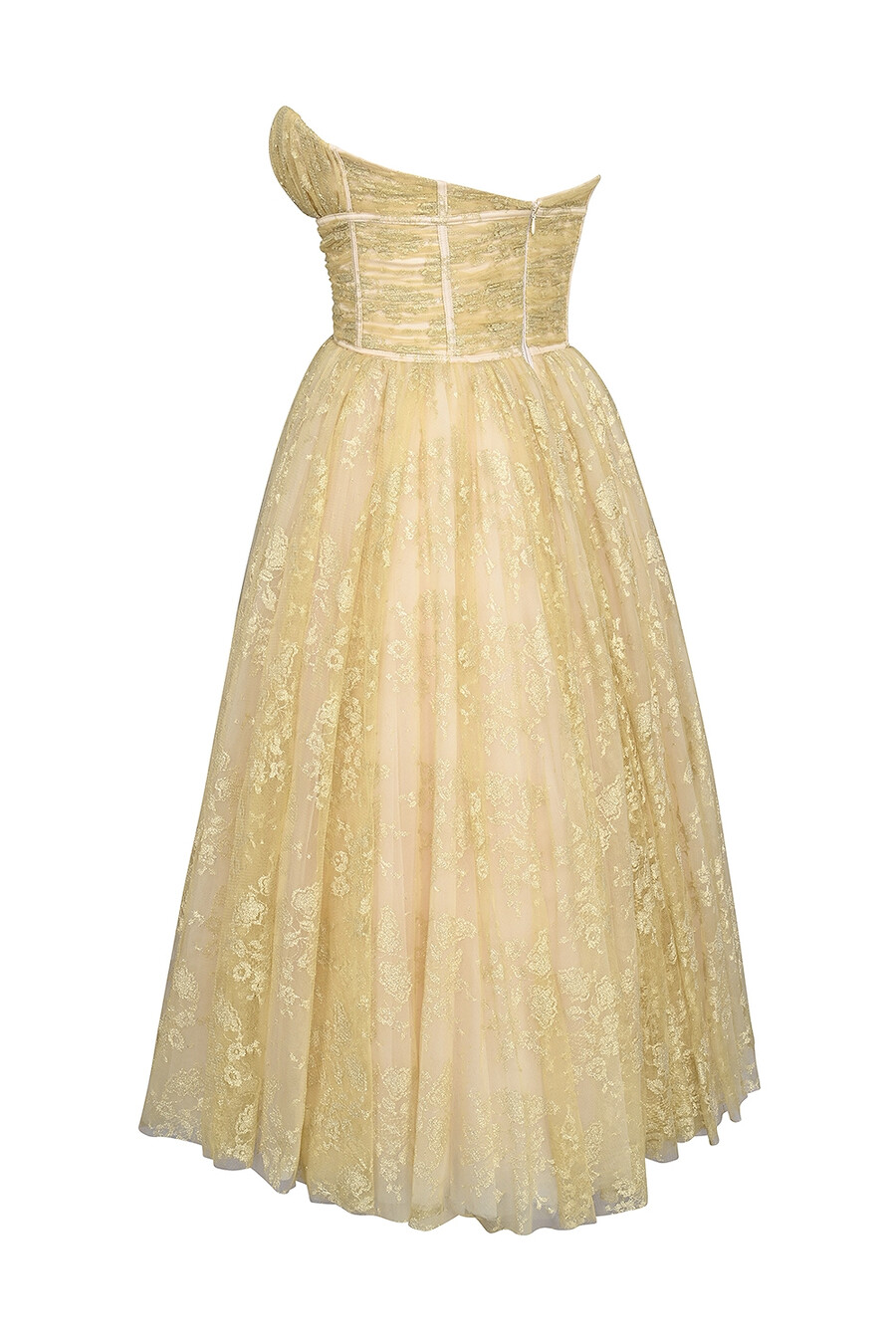 goldfarbenes metallisch schimmerndes midi-kleid aus spitze und tüll