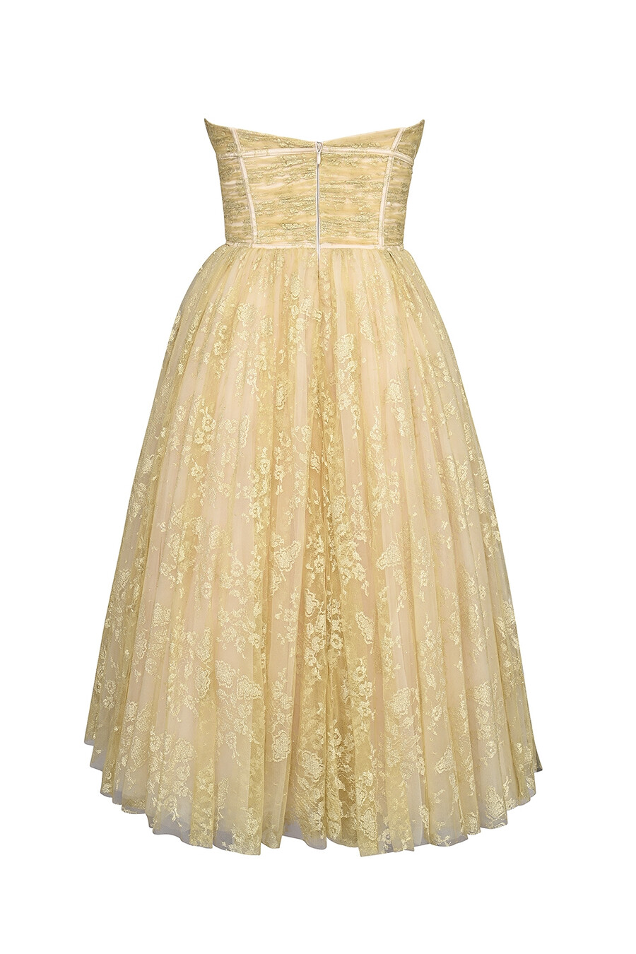 goldfarbenes metallisch schimmerndes midi-kleid aus spitze und tüll