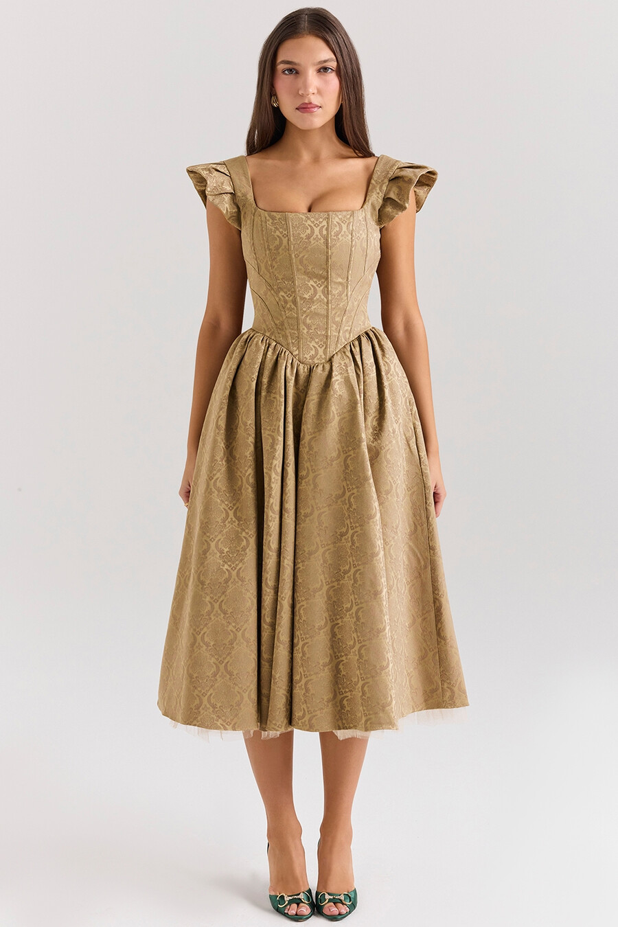 goldfarbenes jacquard-midikleid mit abnehmbarer schleife