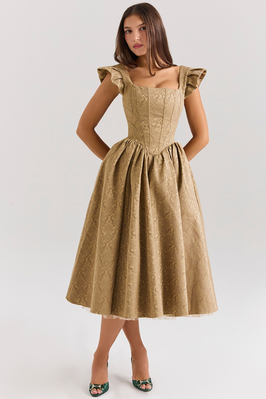 goldfarbenes jacquard-midikleid mit abnehmbarer schleife