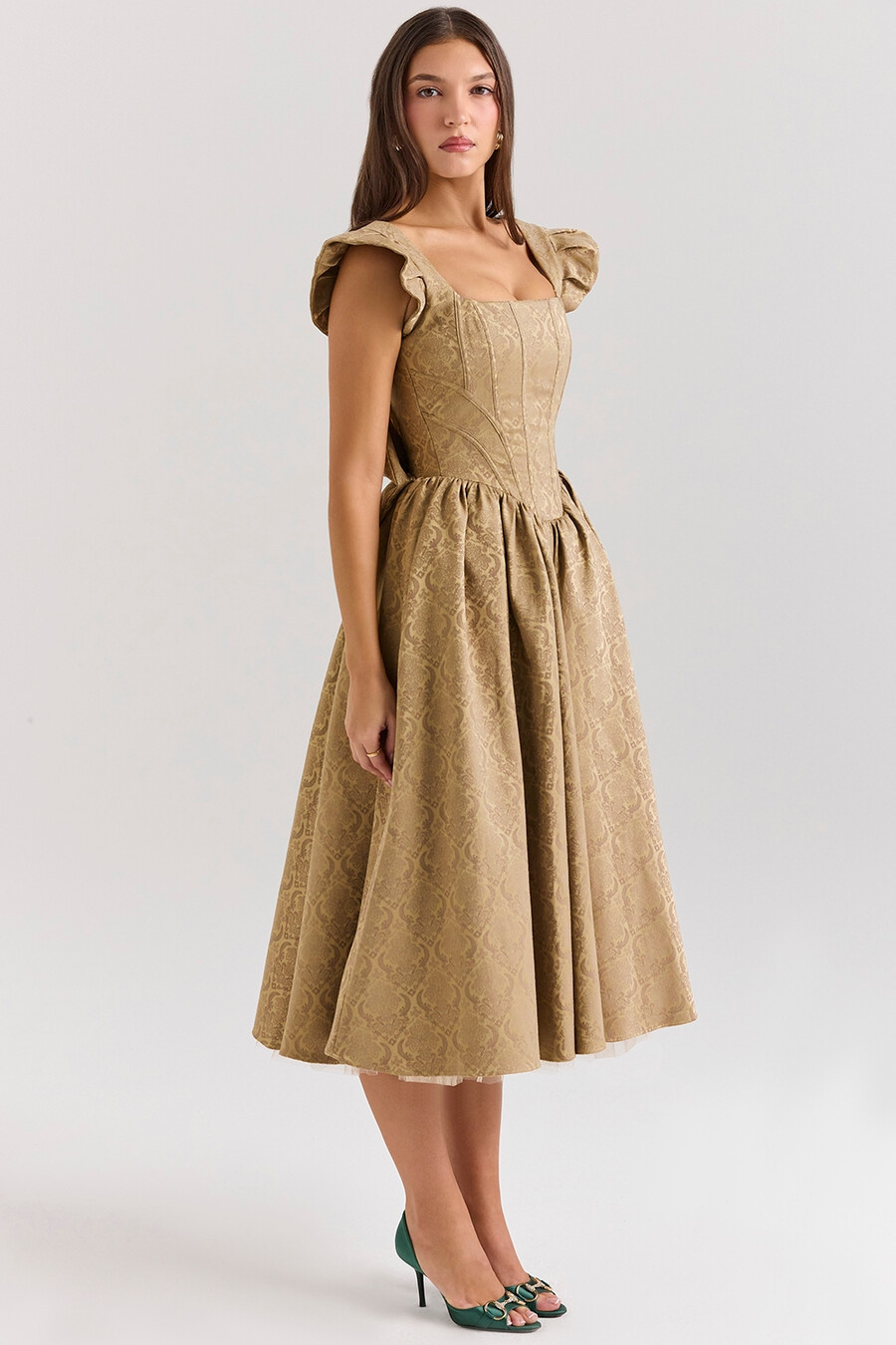 goldfarbenes jacquard-midikleid mit abnehmbarer schleife