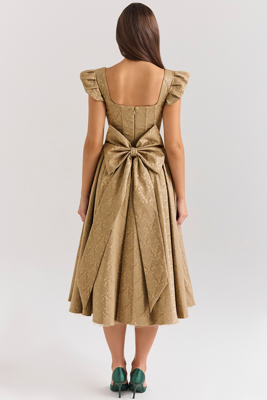goldfarbenes jacquard-midikleid mit abnehmbarer schleife