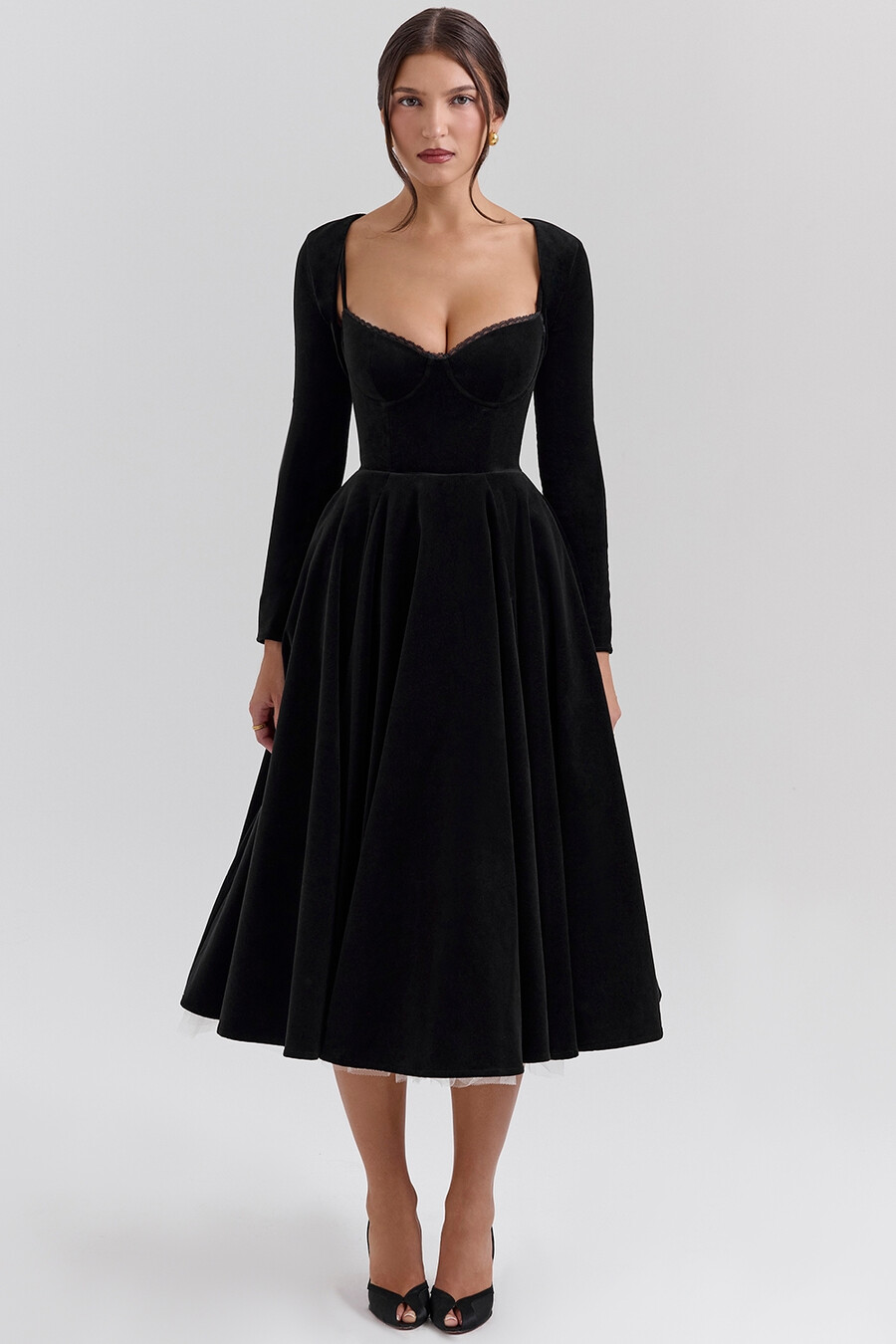 schwarzes samt-tüll-midikleid bolero