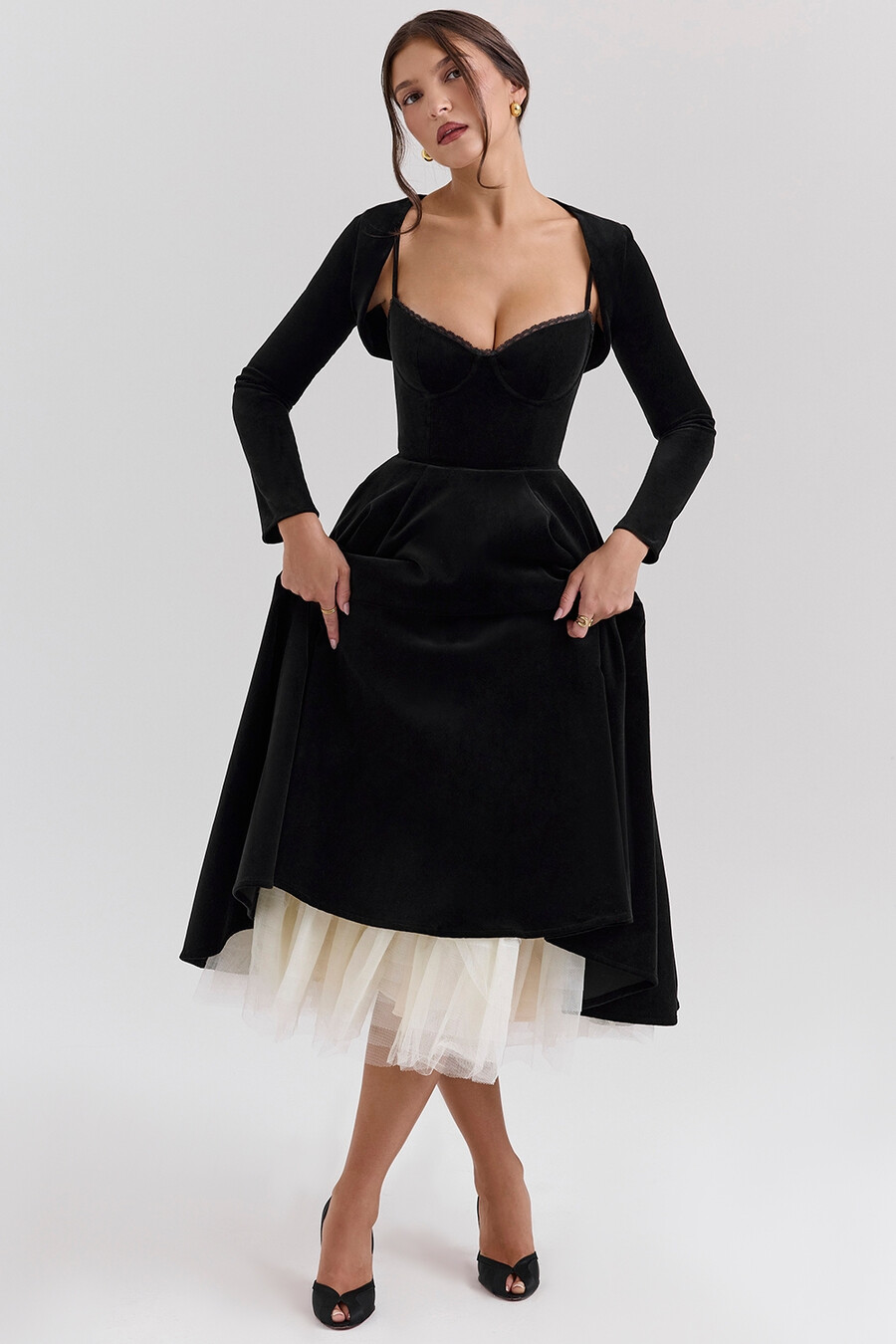 schwarzes samt-tüll-midikleid bolero