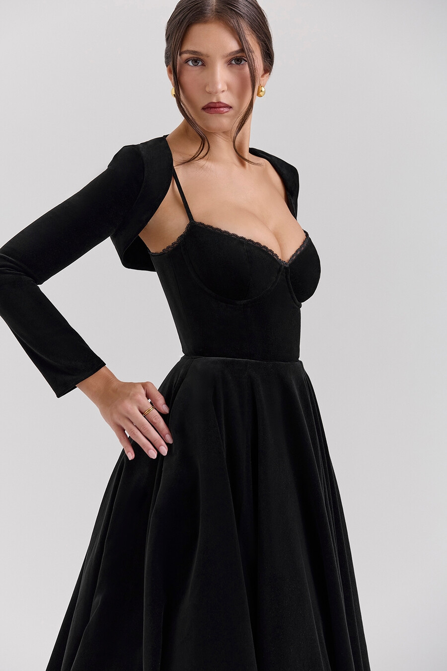 schwarzes samt-tüll-midikleid bolero
