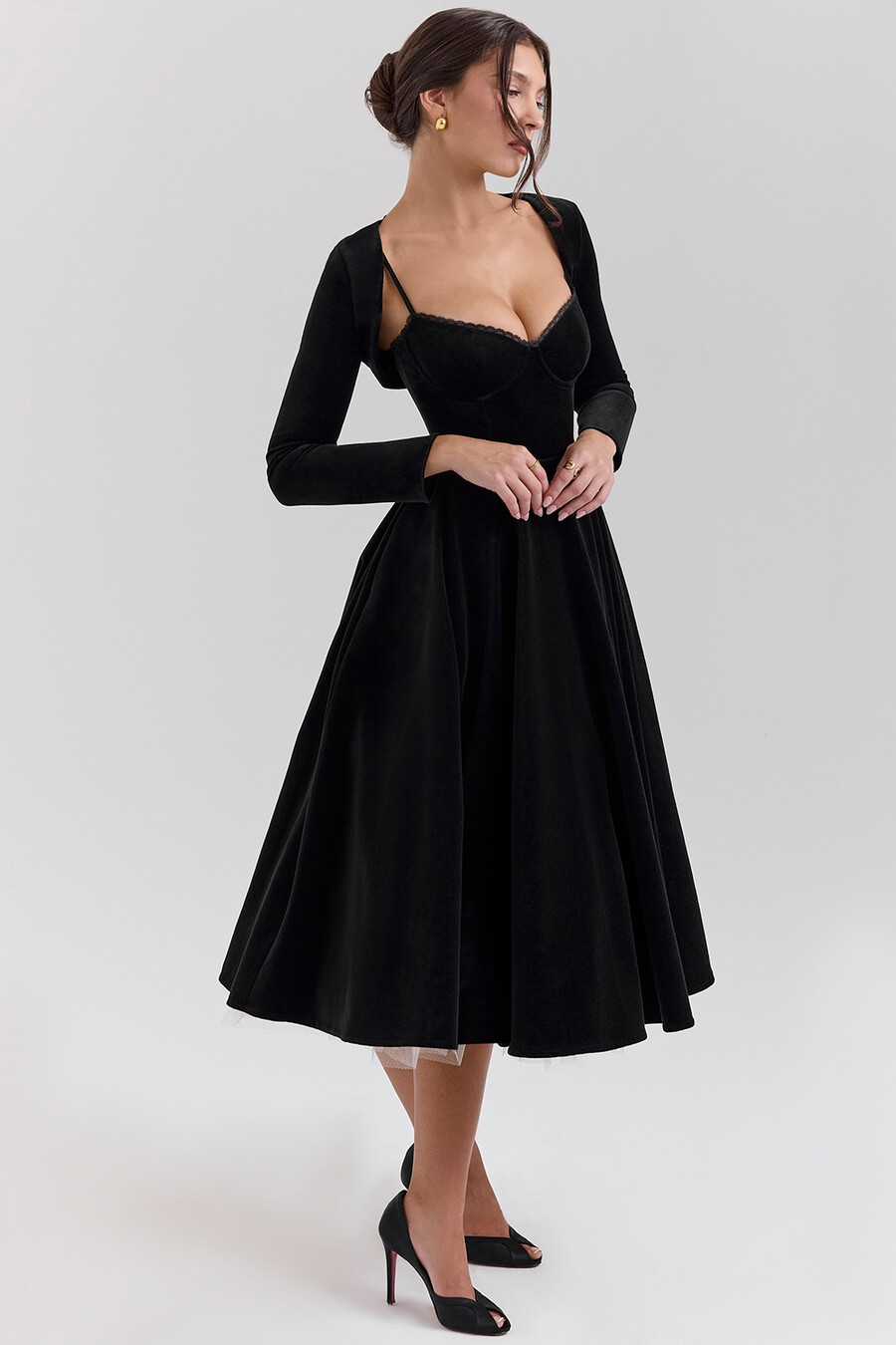 schwarzes samt-tüll-midikleid bolero