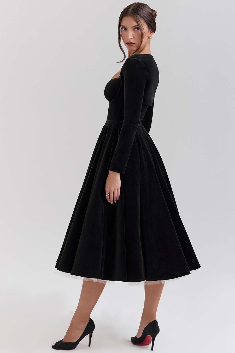 schwarzes samt-tüll-midikleid bolero