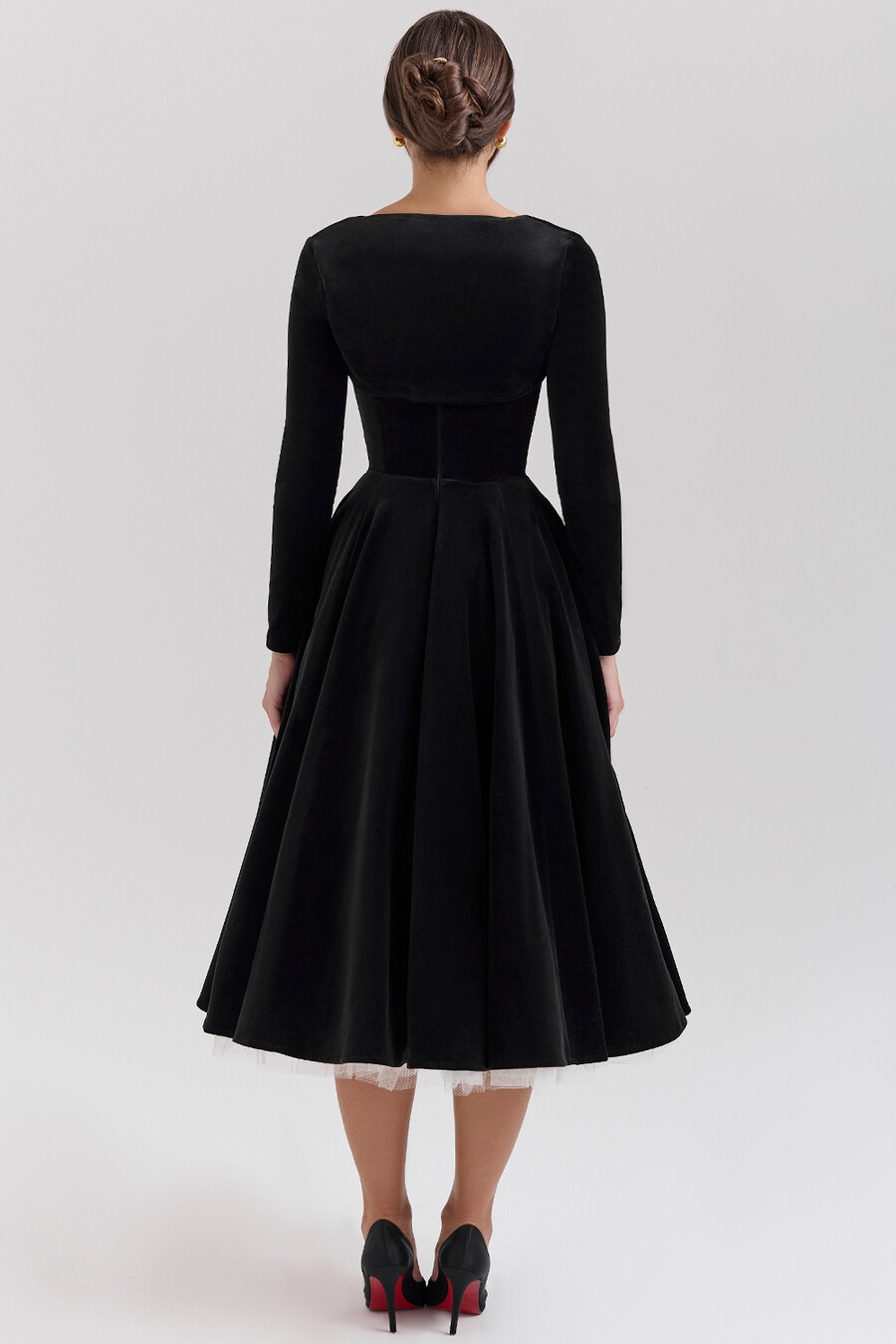schwarzes samt-tüll-midikleid bolero